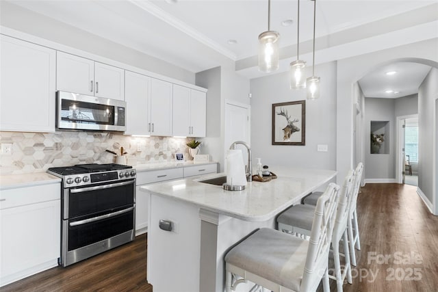 1712 Askern Ct, Waxhaw, NC 28173 - kitchen with stainless steel appliances, arched walkways, a sink, dark wood finished floors, and ornamental molding