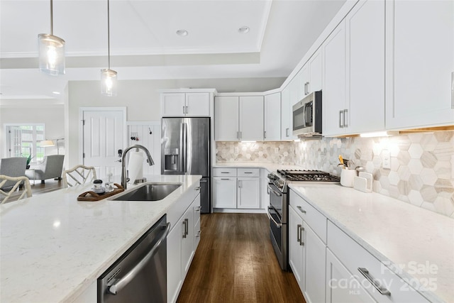 1712 Askern Ct, Waxhaw, NC 28173 - kitchen with appliances with stainless steel finishes, a sink, light stone countertops, dark wood finished floors, and white cabinetry