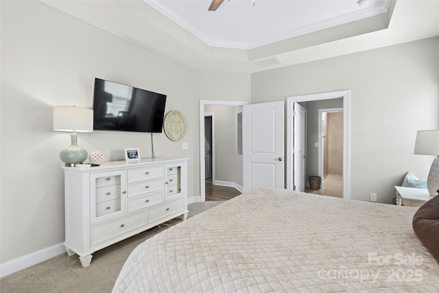 1712 Askern Ct, Waxhaw, NC 28173 - bedroom featuring a raised ceiling, ornamental molding, baseboards, carpet floors, and ceiling fan