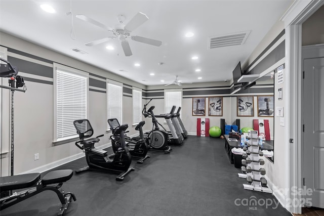 1712 Askern Ct, Waxhaw, NC 28173 - gym featuring a ceiling fan, baseboards, and recessed lighting