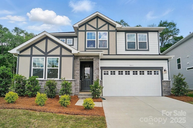 9957 Cask Way, Huntersville, NC 28078 - view of front of home with stone siding, driveway, an attached garage, and stucco siding