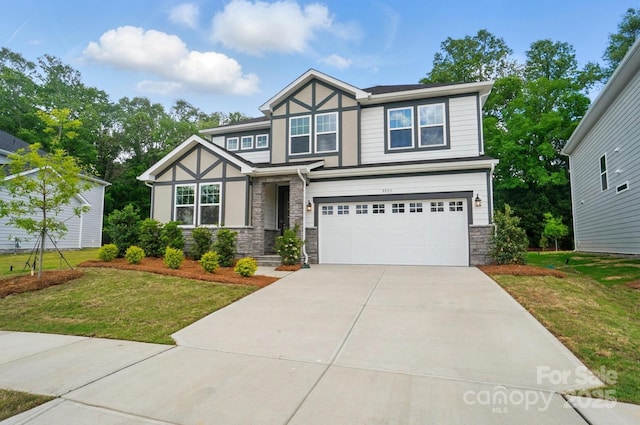 9957 Cask Way, Huntersville, NC 28078 - view of front of home featuring stone siding, a garage, a front lawn, and driveway