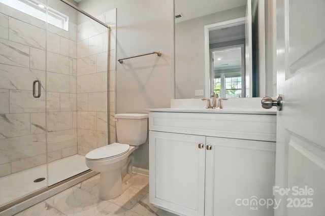 9957 Cask Way, Huntersville, NC 28078 - bathroom with vanity, a shower stall, toilet, and marble finish floors