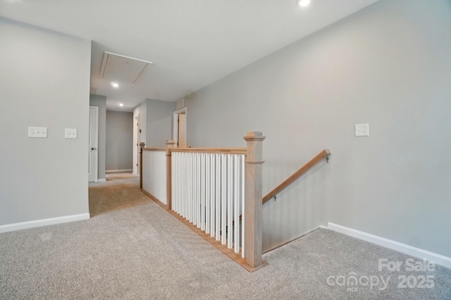 9957 Cask Way, Huntersville, NC 28078 - hallway featuring attic access, carpet flooring, baseboards, an upstairs landing, and recessed lighting