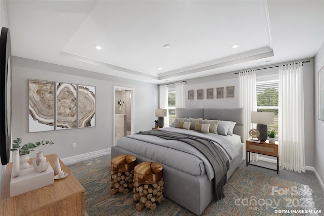 9957 Cask Way, Huntersville, NC 28078 - carpeted bedroom featuring a raised ceiling, baseboards, recessed lighting, and connected bathroom