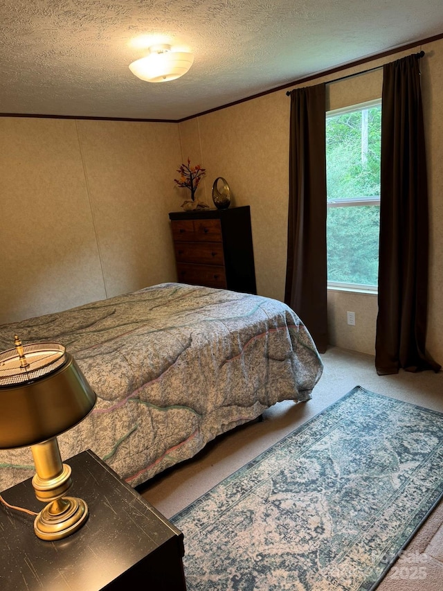 bedroom with a textured ceiling and carpet flooring