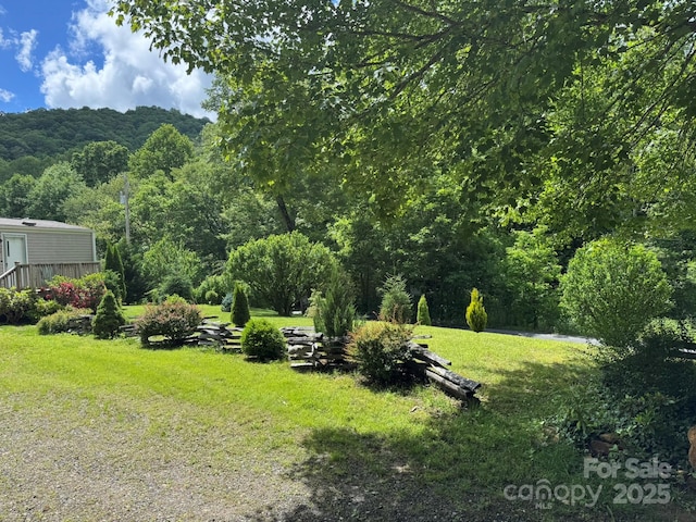 view of grassy yard featuring a wooden deck and a forest view