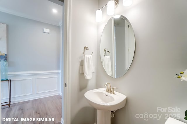 9842 Quercus Ln, Huntersville, NC 28078 - bathroom with wainscoting, wood finished floors, and a sink