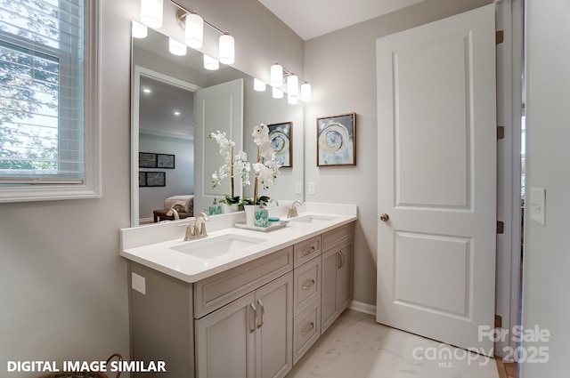 9842 Quercus Ln, Huntersville, NC 28078 - full bath with double vanity and marble look tiles