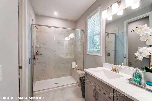 9842 Quercus Ln, Huntersville, NC 28078 - bathroom featuring a stall shower, vanity, and marble finish floors