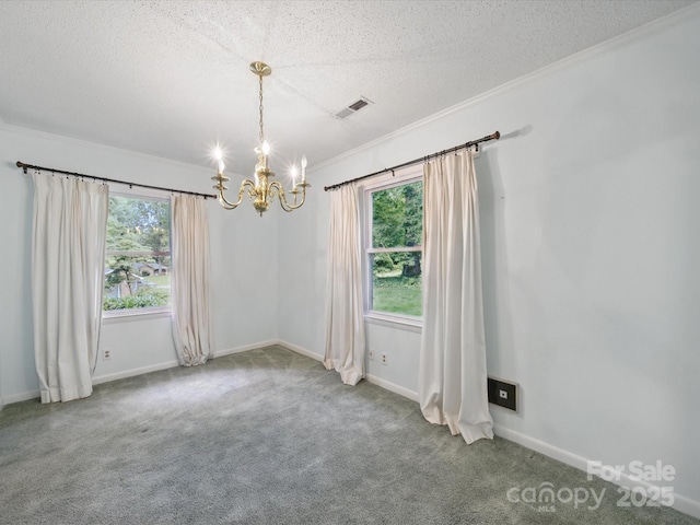 220 Lakeview Dr, Belmont, NC 28012 - unfurnished room with a chandelier, ornamental molding, a textured ceiling, carpet floors, and baseboards