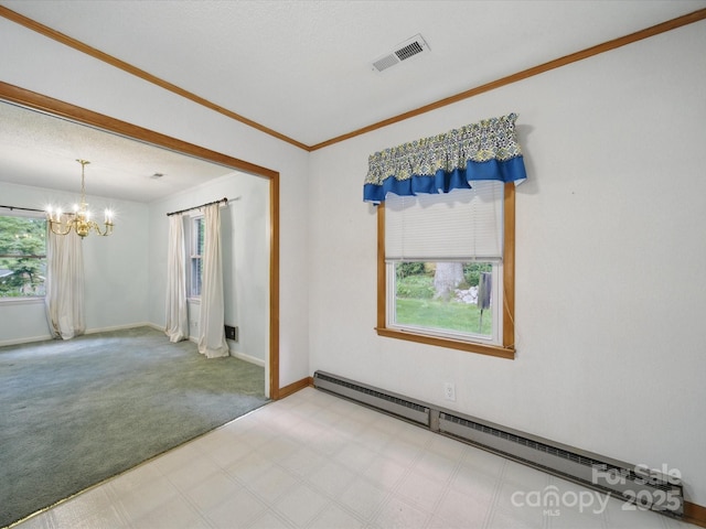 220 Lakeview Dr, Belmont, NC 28012 - empty room featuring a baseboard heating unit, a chandelier, baseboards, tile patterned floors, and carpet flooring