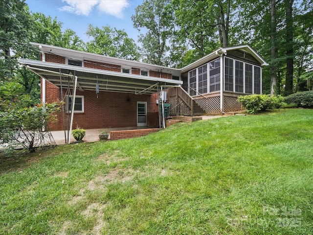 220 Lakeview Dr, Belmont, NC 28012 - rear view of property featuring a sunroom, brick siding, stairs, a yard, and a patio