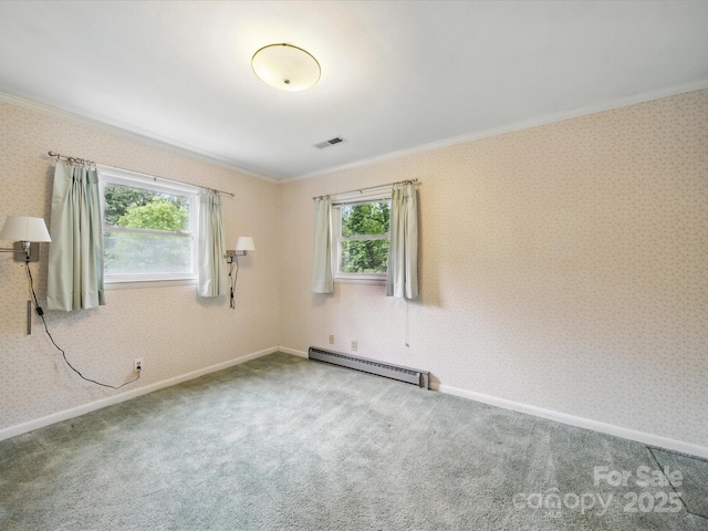 220 Lakeview Dr, Belmont, NC 28012 - carpeted empty room with a baseboard heating unit, ornamental molding, and healthy amount of natural light