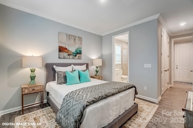 9934 Cask Way, Huntersville, NC 28078 - bedroom with crown molding, baseboards, wood finished floors, and connected bathroom