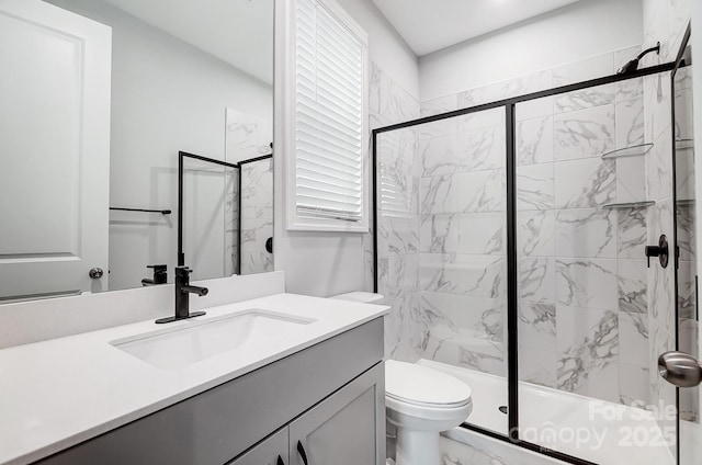 9934 Cask Way, Huntersville, NC 28078 - bathroom with marble finish floors, toilet, vanity, and a tile shower
