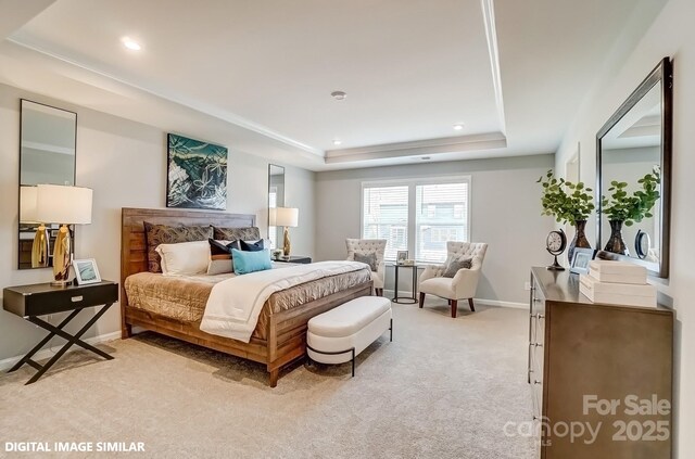 9934 Cask Way, Huntersville, NC 28078 - bedroom with a raised ceiling, light colored carpet, baseboards, and recessed lighting