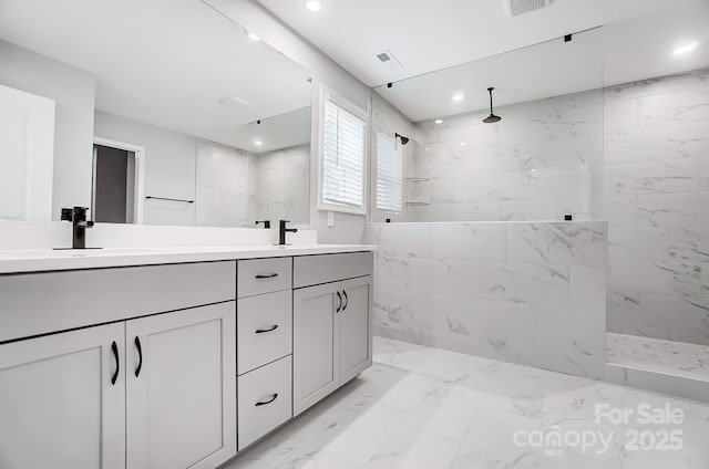 9934 Cask Way, Huntersville, NC 28078 - full bath featuring double vanity, a marble finish shower, and marble finish flooring