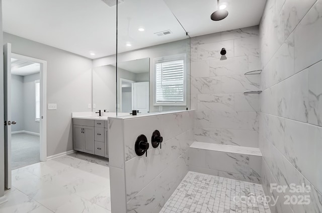 9934 Cask Way, Huntersville, NC 28078 - bathroom with a tile shower, vanity, marble look tile flooring, recessed lighting, and baseboards