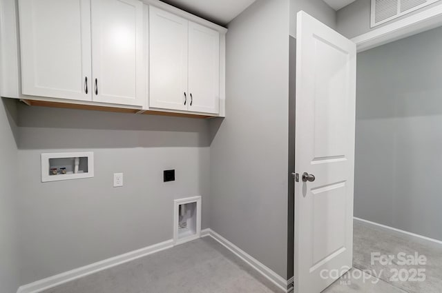 9934 Cask Way, Huntersville, NC 28078 - laundry area featuring cabinet space, hookup for an electric dryer, light colored carpet, hookup for a washing machine, and baseboards