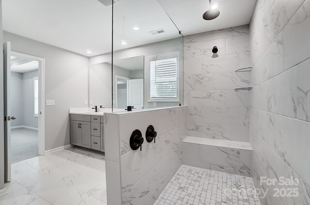 9934 Cask Way, Huntersville, NC 28078 - full bathroom with a tile shower, vanity, marble look tiles, and recessed lighting