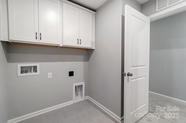 9934 Cask Way, Huntersville, NC 28078 - laundry area with cabinet space, electric dryer hookup, light colored carpet, and hookup for a washing machine