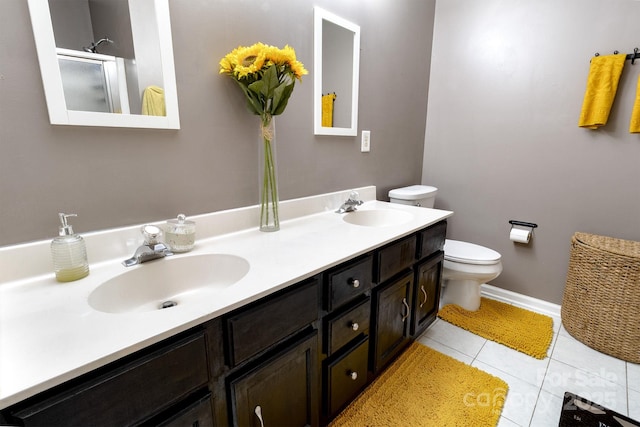 2936 Walsingham Ct, Matthews, NC 28105 - bathroom with double vanity, tile patterned flooring, and a shower with door