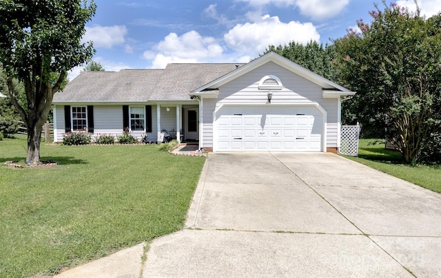 2936 Walsingham Ct, Matthews, NC 28105 - ranch-style house featuring concrete driveway, a front yard, an attached garage, a porch, and a shingled roof