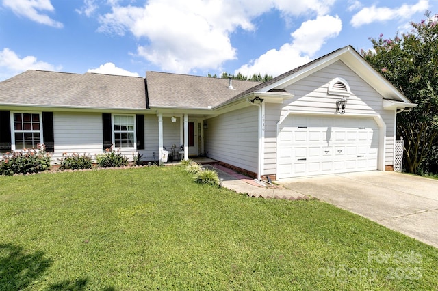 2936 Walsingham Ct, Matthews, NC 28105 - ranch-style home featuring an attached garage, driveway, a front yard, and roof with shingles