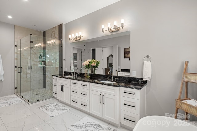 301 Rockbridge Rd Unit 22, Mills River, NC 28759 - bathroom featuring a stall shower, marble finish floors, a freestanding tub, double vanity, and recessed lighting
