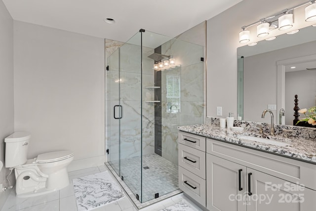 301 Rockbridge Rd Unit 22, Mills River, NC 28759 - bathroom featuring toilet, vanity, a shower stall, recessed lighting, and marble look tiles