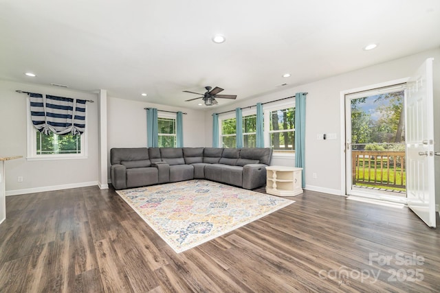 1632 Charles Raper Jonas Hwy, Mount Holly, NC 28120 - living room with dark wood finished floors, a ceiling fan, recessed lighting, and baseboards