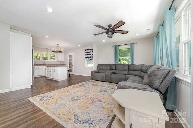 1632 Charles Raper Jonas Hwy, Mount Holly, NC 28120 - living area featuring a chandelier, healthy amount of natural light, dark wood-type flooring, recessed lighting, and a ceiling fan