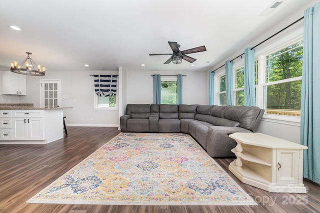 1632 Charles Raper Jonas Hwy, Mount Holly, NC 28120 - living area with a chandelier, dark wood finished floors, recessed lighting, baseboards, and ceiling fan