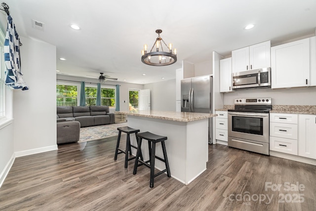 1632 Charles Raper Jonas Hwy, Mount Holly, NC 28120 - kitchen with appliances with stainless steel finishes, open floor plan, dark wood finished floors, white cabinetry, and recessed lighting