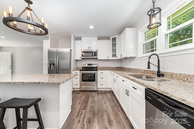 1632 Charles Raper Jonas Hwy, Mount Holly, NC 28120 - kitchen with stainless steel appliances, a sink, dark wood-style floors, glass insert cabinets, and white cabinets