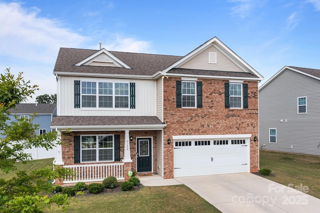 7172 Teague Dr, Gastonia, NC 28056 - traditional-style home featuring a porch, board and batten siding, concrete driveway, a front yard, and brick siding