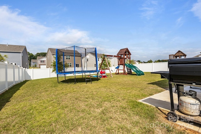 7172 Teague Dr, Gastonia, NC 28056 - view of playground with a trampoline, a residential view, and a patio