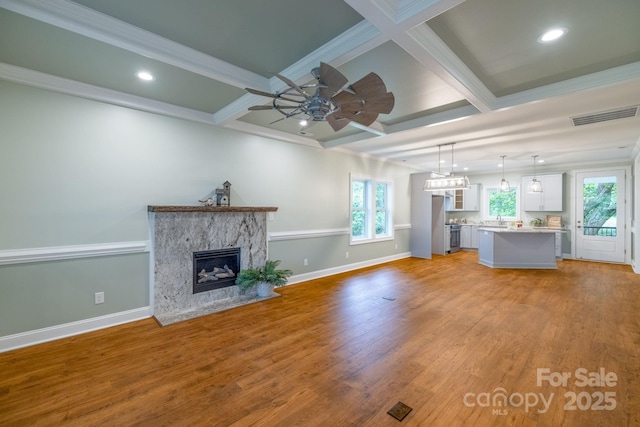 219 Grayson St, Sparta, NC 28675 - unfurnished living room featuring baseboards, a fireplace, ceiling fan, coffered ceiling, and plenty of natural light