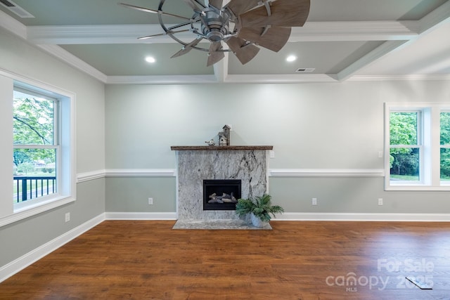 219 Grayson St, Sparta, NC 28675 - unfurnished living room with beam ceiling, wood finished floors, a fireplace, crown molding, and recessed lighting