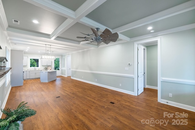 219 Grayson St, Sparta, NC 28675 - unfurnished living room featuring a ceiling fan, wood finished floors, coffered ceiling, recessed lighting, and beamed ceiling