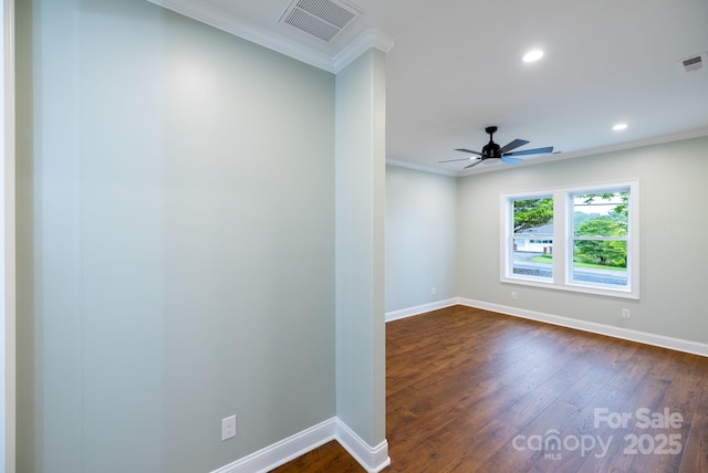 219 Grayson St, Sparta, NC 28675 - unfurnished room featuring baseboards, ornamental molding, dark wood-style floors, recessed lighting, and ceiling fan