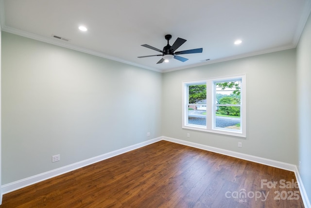 219 Grayson St, Sparta, NC 28675 - spare room with baseboards, dark wood-style floors, recessed lighting, ceiling fan, and ornamental molding
