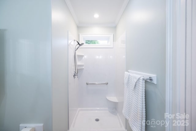 219 Grayson St, Sparta, NC 28675 - bathroom featuring a stall shower and ornamental molding