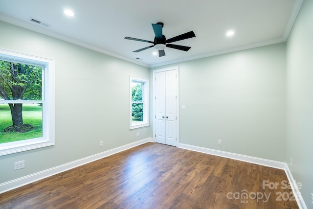 219 Grayson St, Sparta, NC 28675 - spare room with dark wood-style floors, baseboards, crown molding, recessed lighting, and ceiling fan
