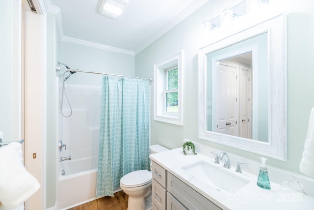 219 Grayson St, Sparta, NC 28675 - full bathroom with vanity, toilet, ornamental molding, shower / tub combo, and wood finished floors