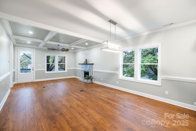 219 Grayson St, Sparta, NC 28675 - unfurnished living room with a fireplace, wood finished floors, coffered ceiling, beam ceiling, and baseboards