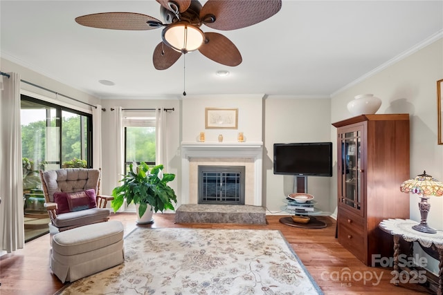 7329 Winery Ln, Charlotte, NC 28227 - living area featuring ornamental molding, wood finished floors, a ceiling fan, and a premium fireplace