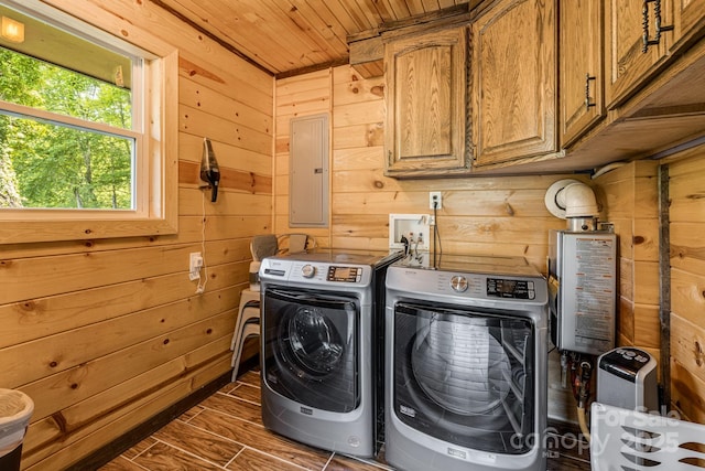 6541 Grassy Branch Rd, Bryson City, NC 28713 - laundry area with electric panel, wood walls, wood ceiling, washing machine and dryer, and cabinet space