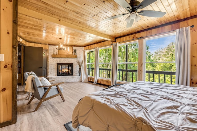 6541 Grassy Branch Rd, Bryson City, NC 28713 - bedroom with wood ceiling, wood walls, wood finished floors, multiple windows, and access to outside